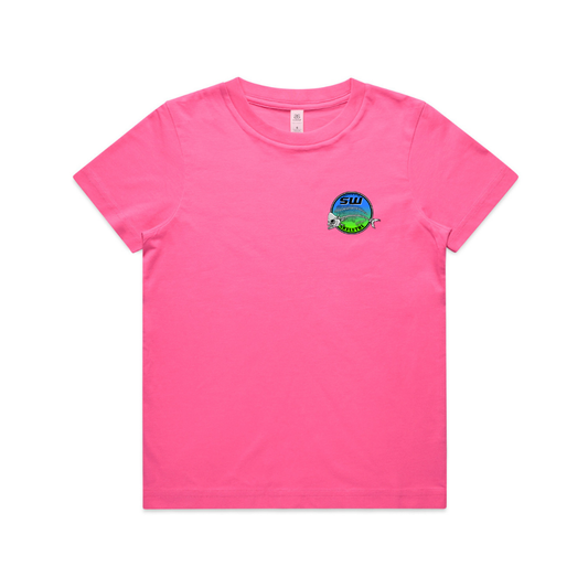 Pink t-shirt with a Mahi Mahi fish logo on the chest against a white background
