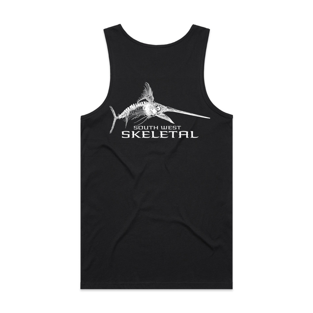 Black tank top with white marlin fish skeletal graphic and text on a white background