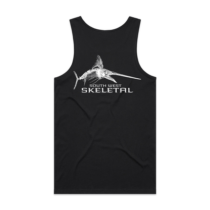 Black tank top with white marlin fish skeletal graphic and text on a white background