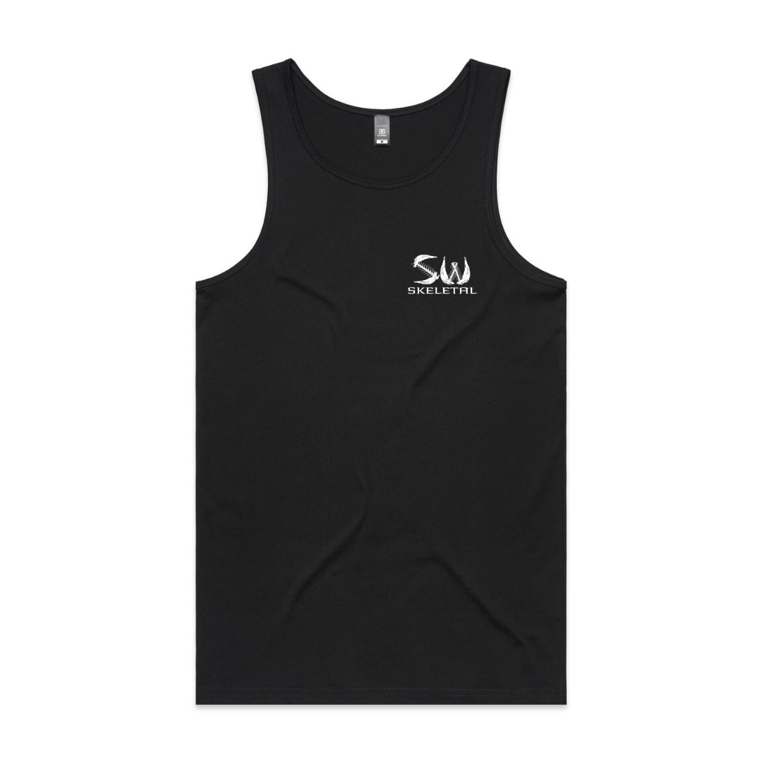 Black tank top with 'SW Skeletal' logo on a white background in the top left side of the singlet