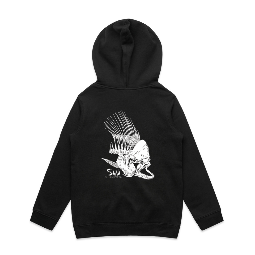 Black hoodie with a white fish skeletal graphic design on the back against a white background