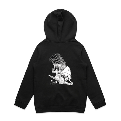 Black hoodie with a white fish skeletal graphic design on the back against a white background