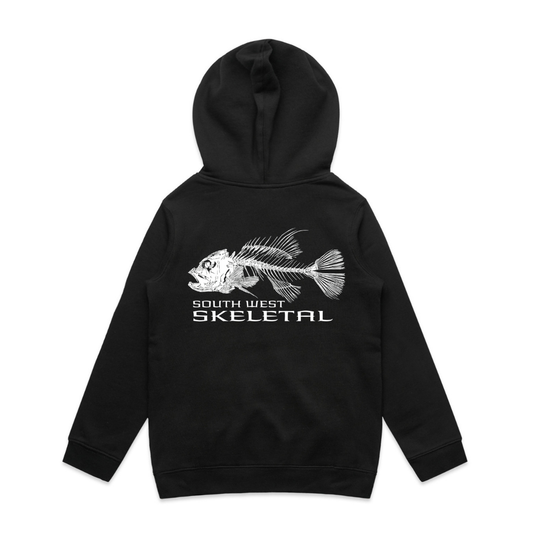 Black hoodie with a fish skeleton design and text on the back, on a white background