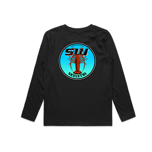 Black long-sleeve shirt with a blue circle logo featuring a lobster on a white background