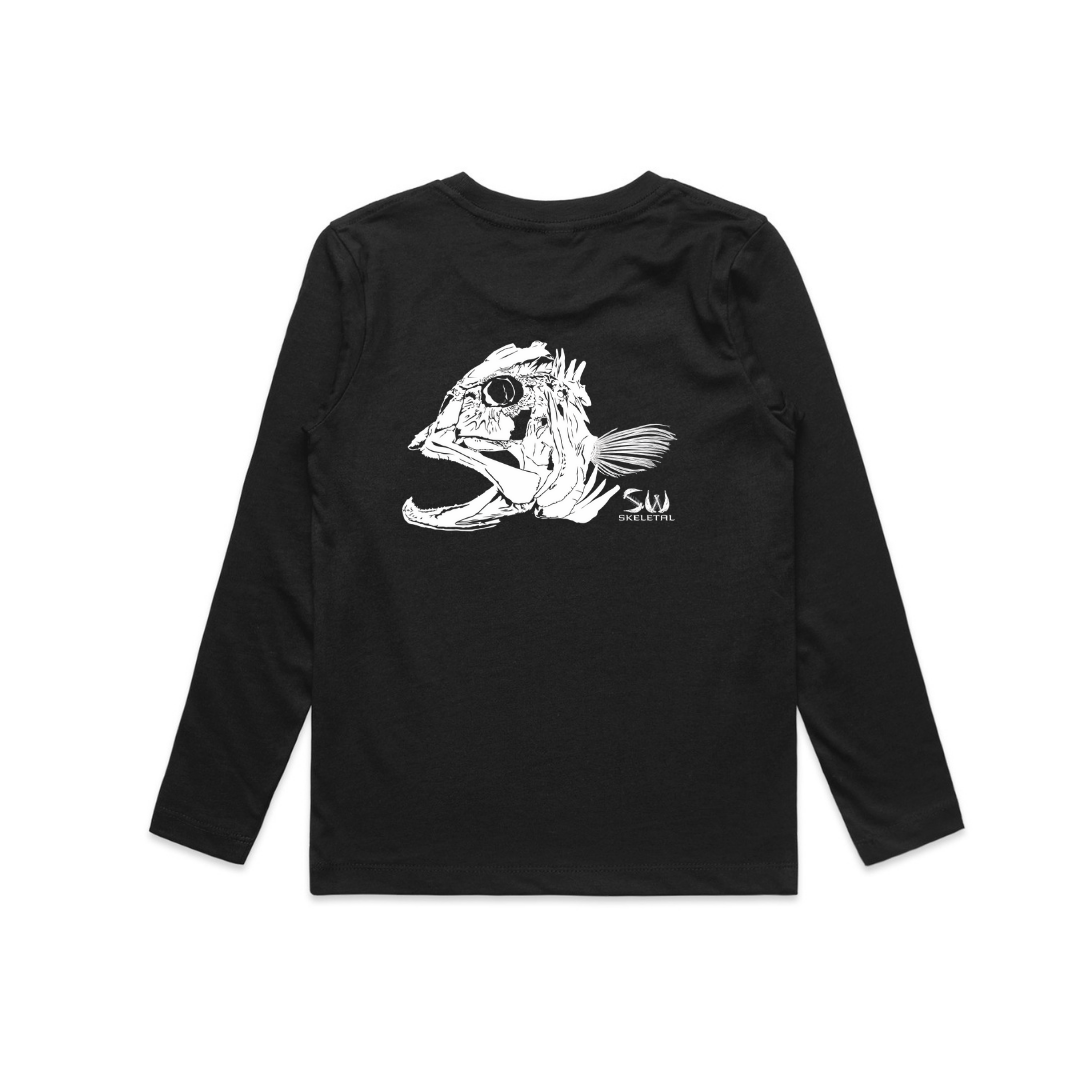 Black long-sleeve shirt with white graphic design on a white background