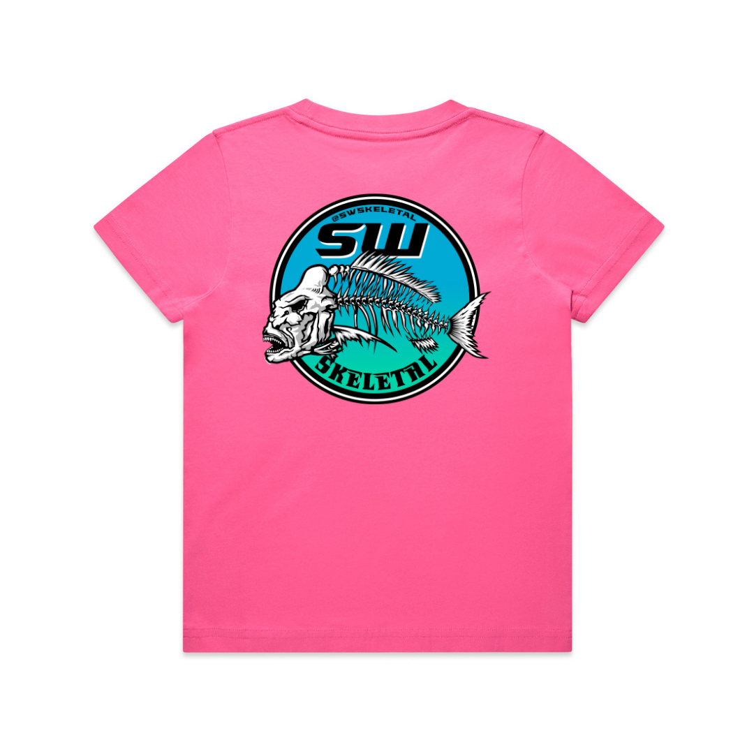 Pink t-shirt with a snapper fish blue and black graphic design on a white background