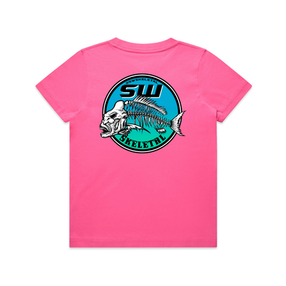 Pink t-shirt with a snapper fish blue and black graphic design on a white background