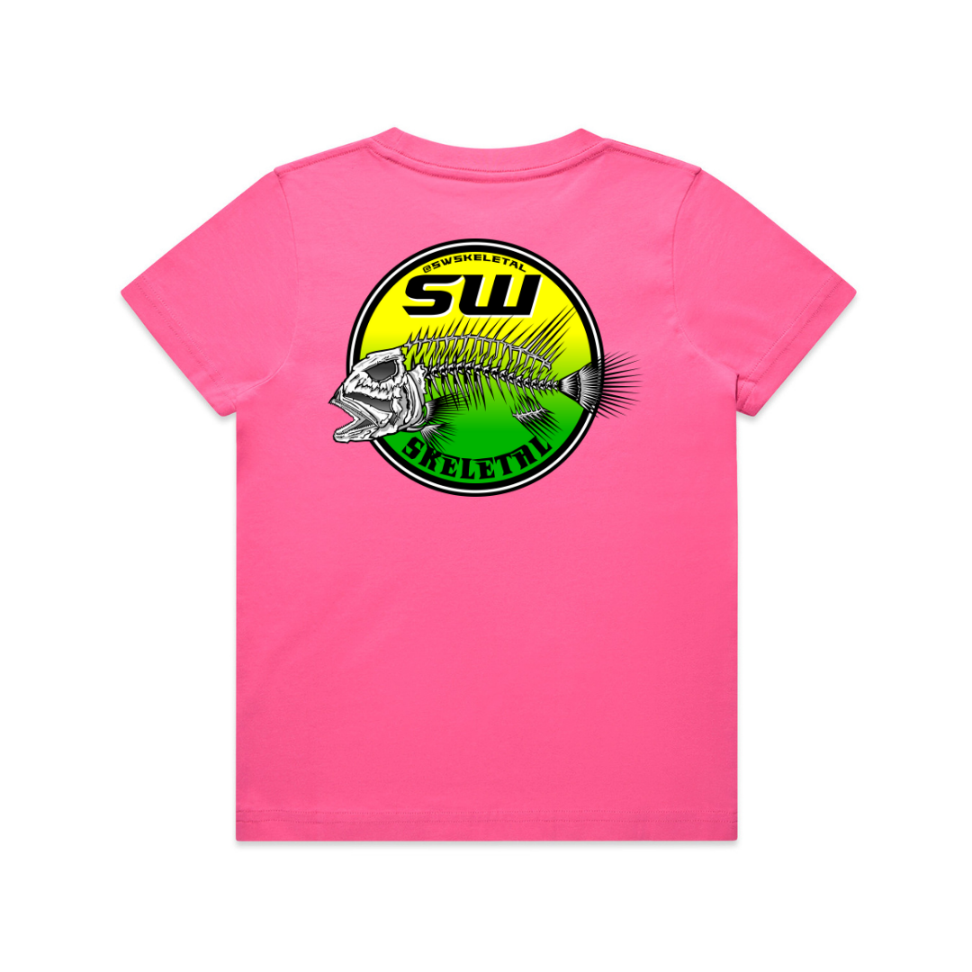 Pink t-shirt with a Dhufish fish skeleton graphic and 'SW' logo on a white background