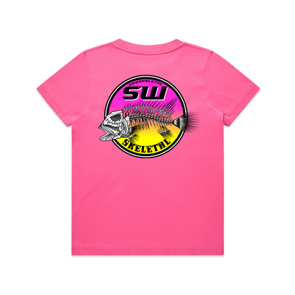 Pink t-shirt with Mulloway fish skeleton graphic and 'SW' logo on a white background