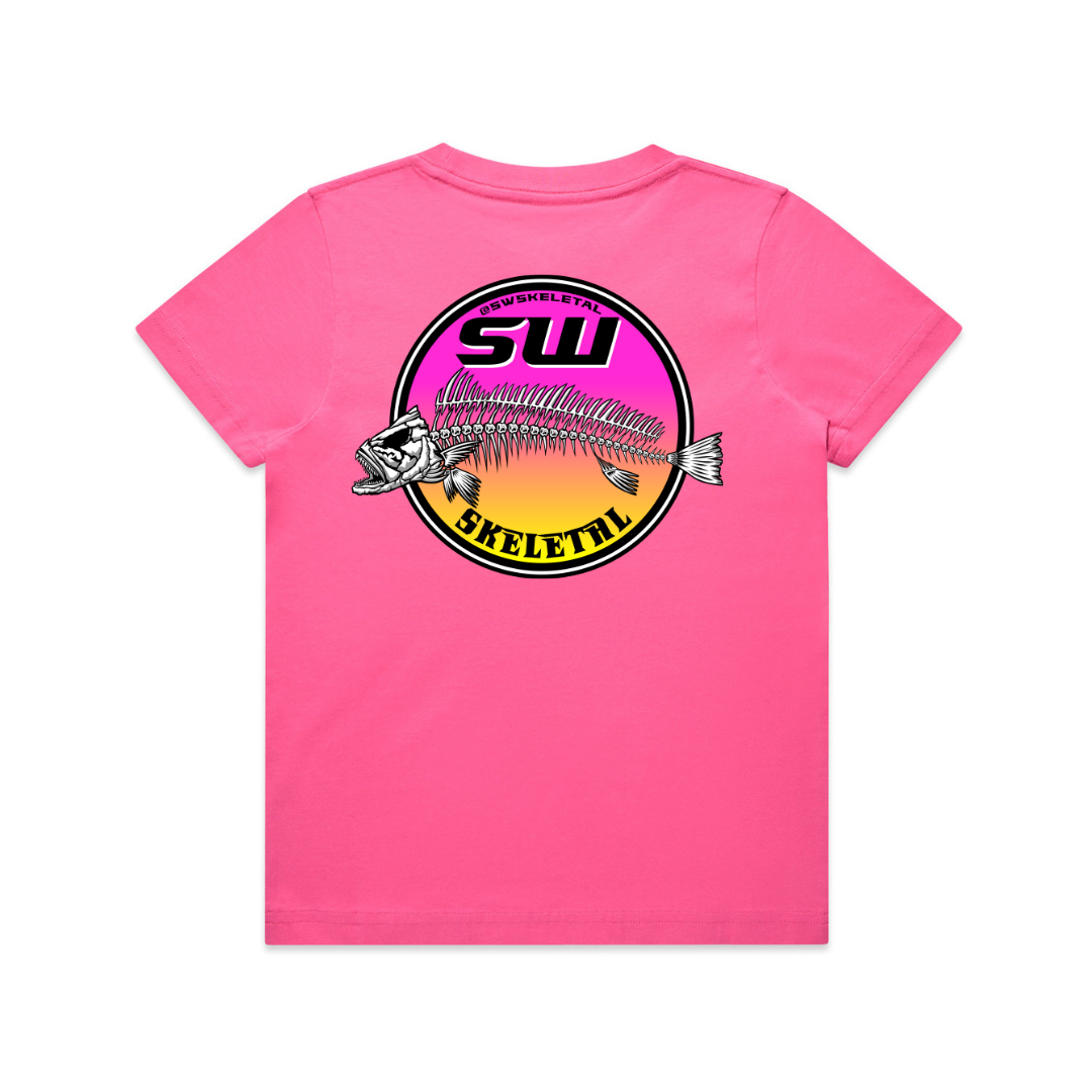 Pink t-shirt with a Mulloway fish skeleton graphic and 'SW Skeletal' text on a white background