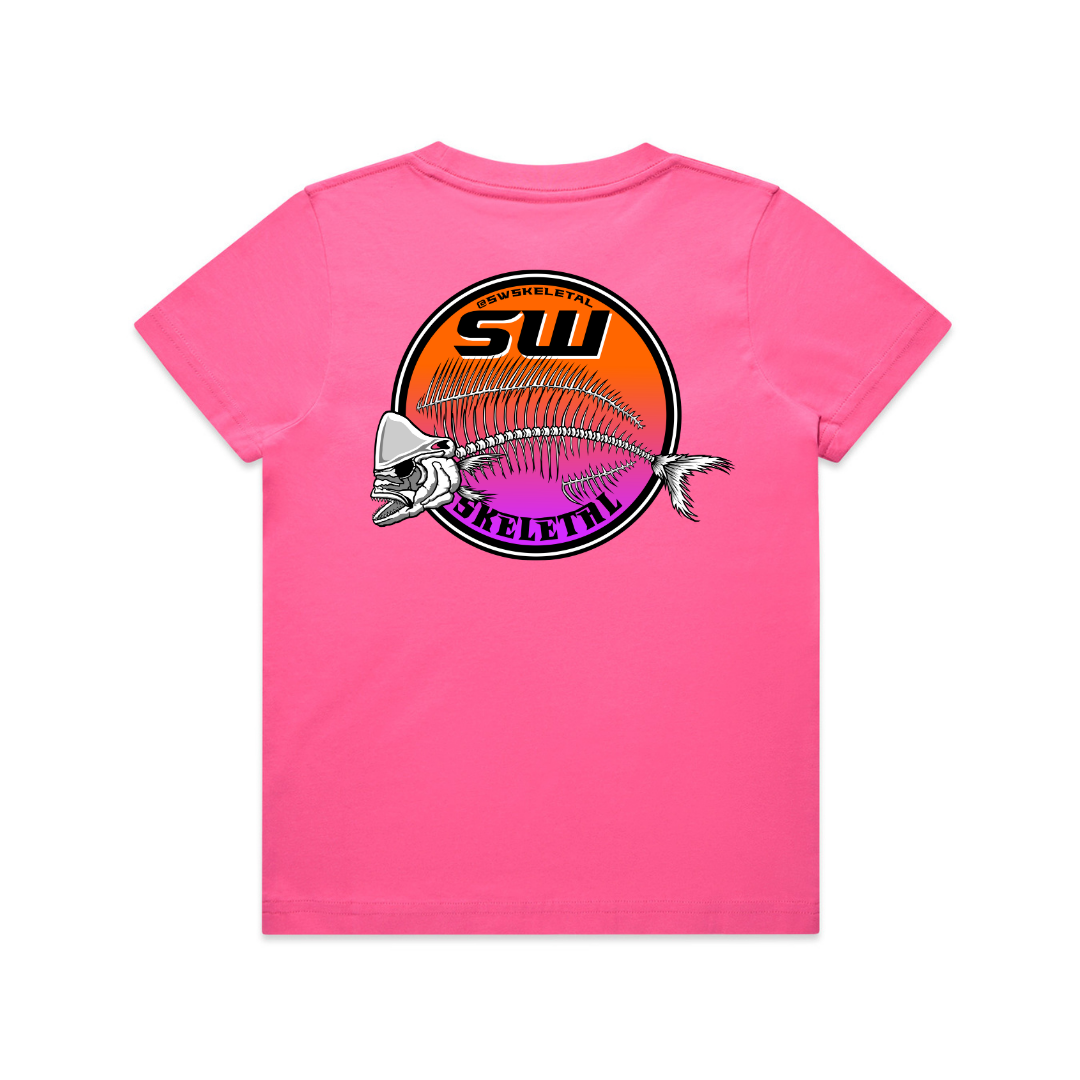 Pink t-shirt with a fish skeleton design and 'SW' logo on a white background