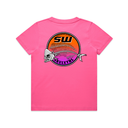 Pink t-shirt with a fish skeleton design and 'SW' logo on a white background