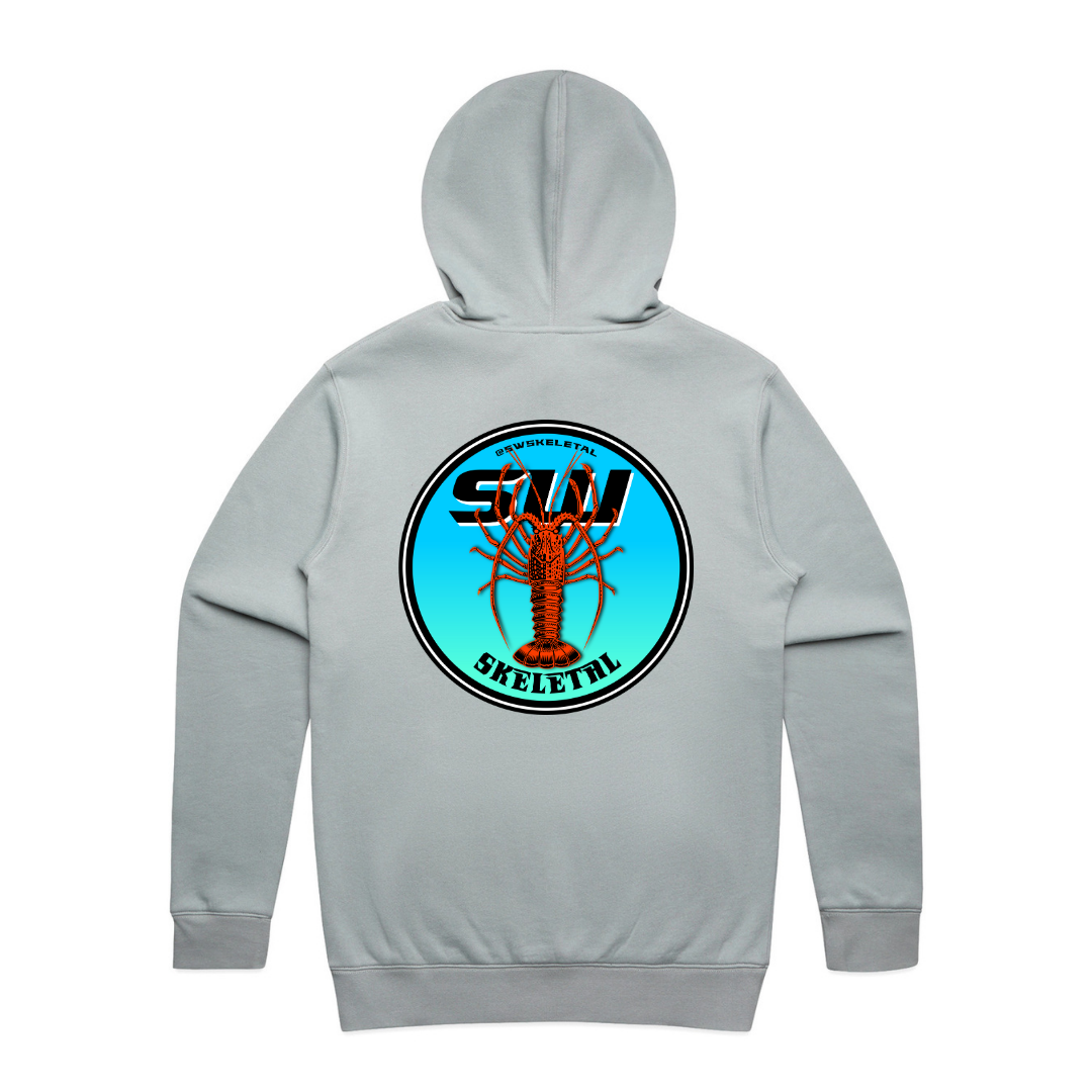 Grey hoodie with a logo on the back featuring a lobster and text, on a white background