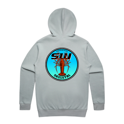 Grey hoodie with a logo on the back featuring a lobster and text, on a white background