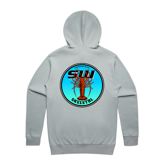 Grey hoodie with a logo on the back featuring a lobster and text, on a white background