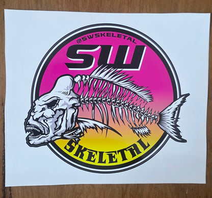 Sticker with fish skeleton design and 'SWSKELETAL' branding on a white background